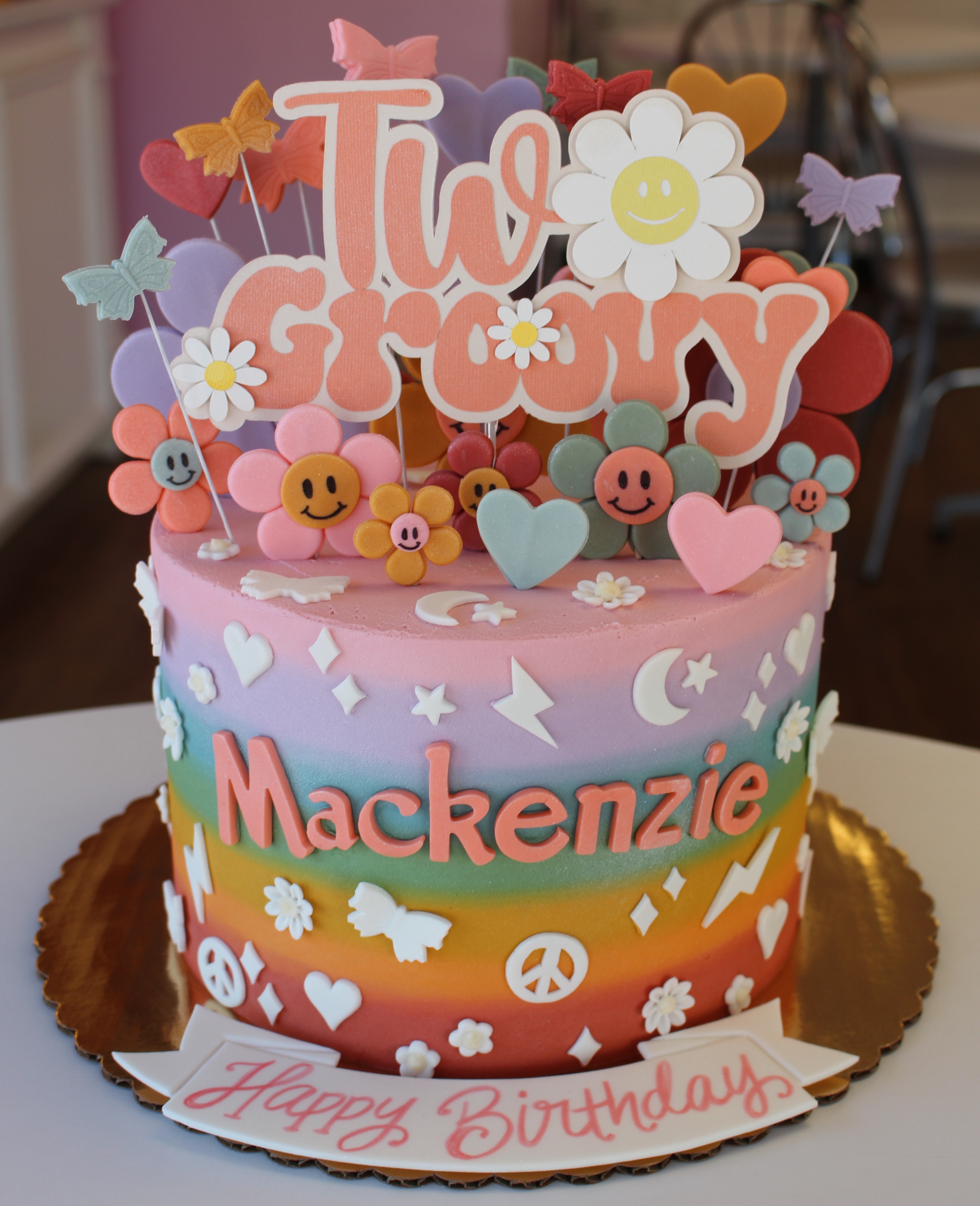 Rainbow "Two Groovy" Birthday Cake with Fondant Decorations